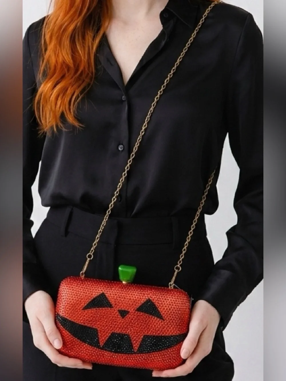 Rhinestone Bling Jack-O'-Lantern Pumpkin Evening Clutch with Gold Chain